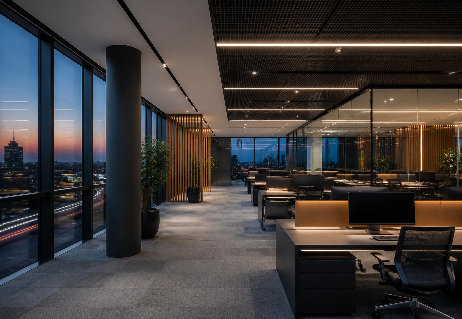 Interior de edifício de serviços moderno com iluminação técnica integrada