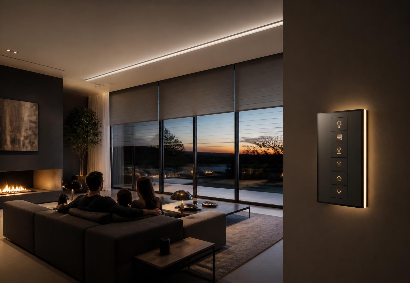 Sala moderna ao anoitecer com iluminação integrada e painel de controlo de domótica