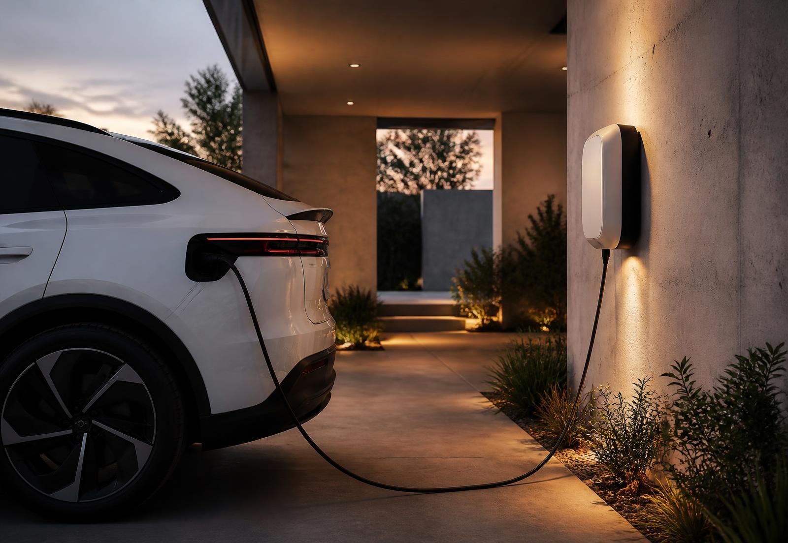 Veículo elétrico a carregar num carregador de parede em habitação moderna